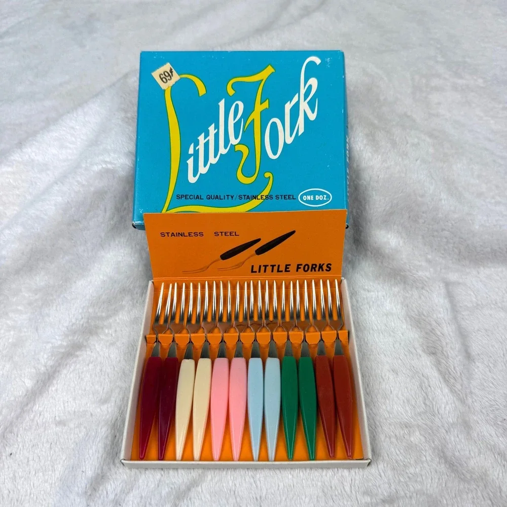Vintage Little Fork Stainless Steel Appetizer Set 12pc Multi Color Mid Century